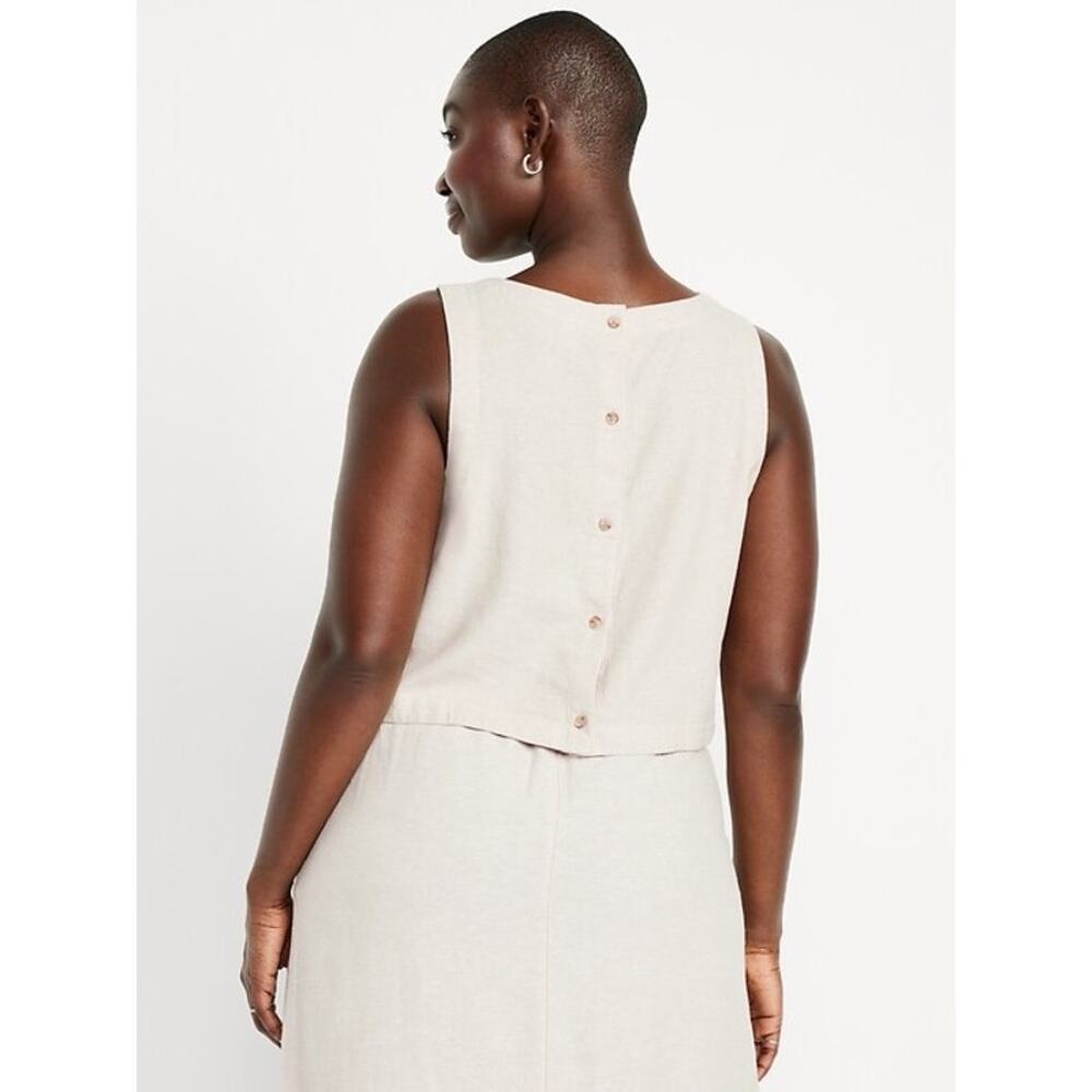Old Navy Women’s Sz M High Neck Button-Back Linen Blend Tank Top Cream Tan - Picture 2 of 9